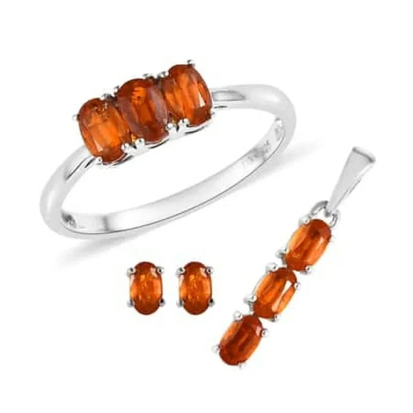 Kyanite 3 Stone Ring, Stud Earrings & 3 Stone Pendant Set - Picture 2 of 11